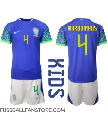 Brasilien Marquinhos #4 Replik Auswärtstrikot Kinder WM 2022 Kurzarm (+ Kurze Hosen)